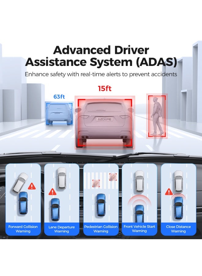 أزدوم كاميرا سيارة AZDOME M330 Max بدقة 4K أمامية و2.5K خلفية، كاميرتان، نظام ADAS، GPS مدمج، واي فاي 5G، تحكم صوتي، رؤية ليلية، ومراقبة 24 ساعة - Image 4